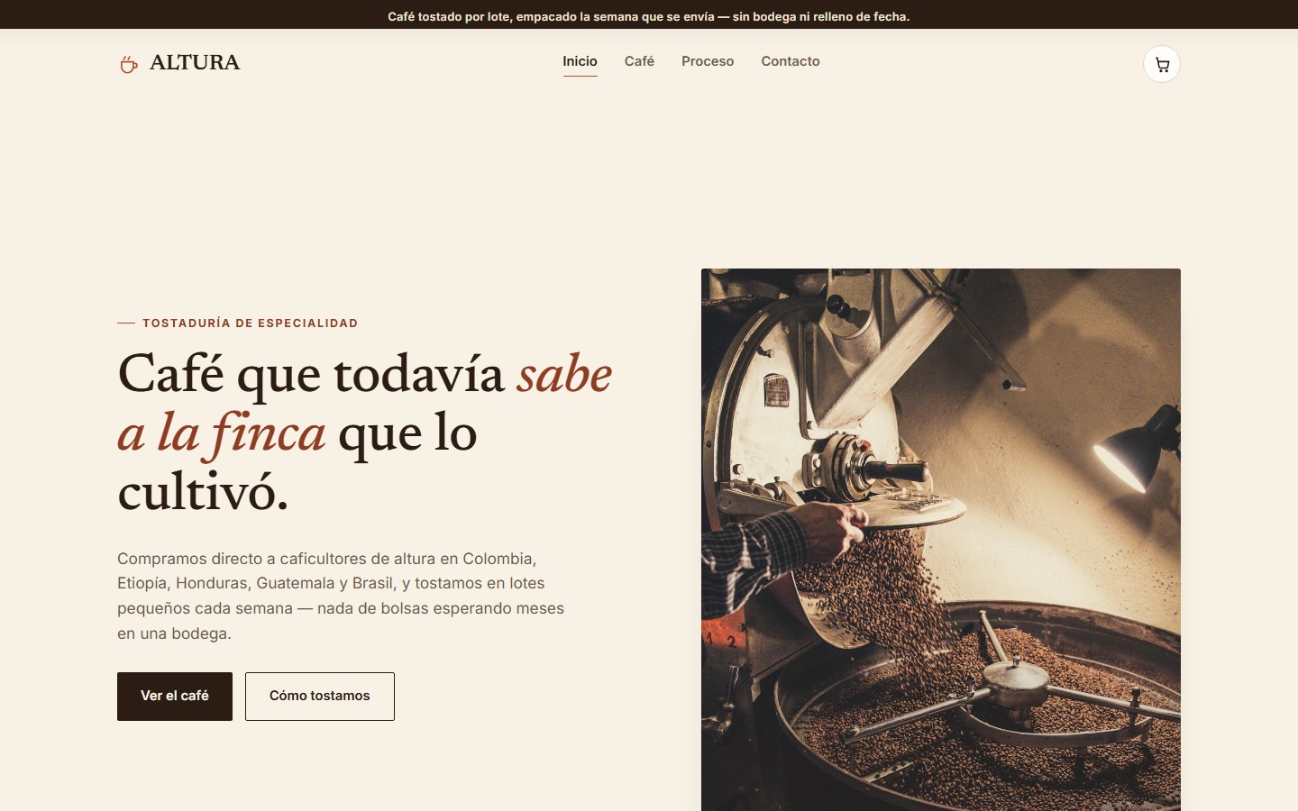 Captura de la home de ALTURA, tostaduría de café de especialidad
