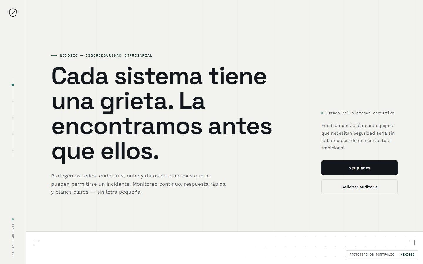 Captura de la home de NexoSec, landing de servicios de ciberseguridad empresarial