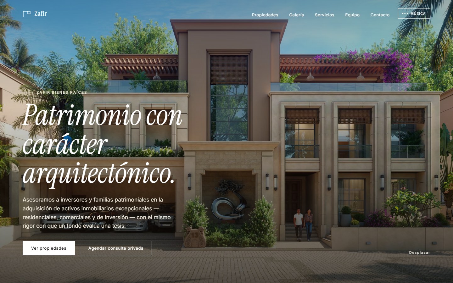 Captura de la home de Zafir Bienes Raíces, inmobiliaria de lujo para inversores